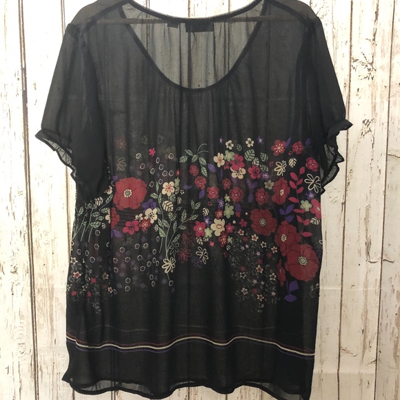 Avenue Plus Size Smocked Sheer Floral Top - Picture 2 of 5